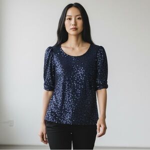 NWT Cable & Gauge Short Sleeve Twilight Blue Sequin Top Size M Polyester Spandex